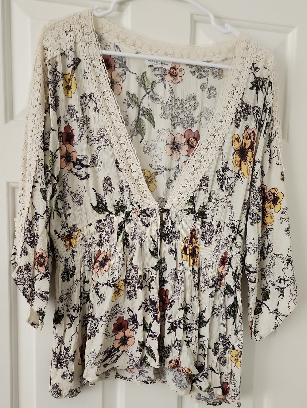 Cream Floral Lace-Trim V-Neck Peasant Blouse